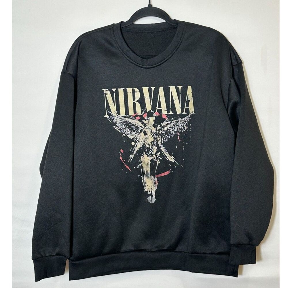 Nirvana In Eutro Graphic Unisex Black Medium Weight Casual Sweatshirt Size L